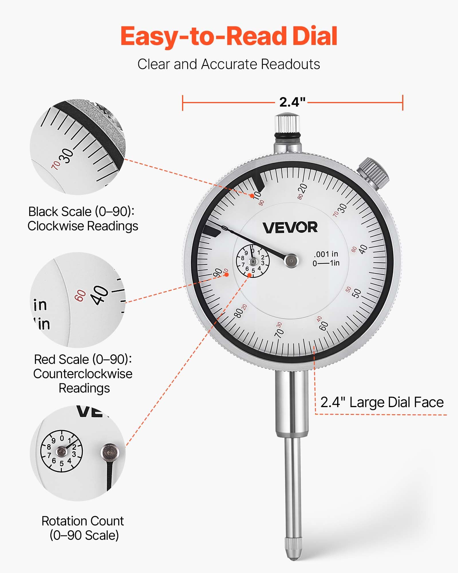 VEVOR Indicateur de test à cadran avec support à double tige et étui de rangement, comparateur à cadran, précision de 0,03 mm, plage de mesure de 0 à 25,4 mm, avec tiges de centrage non magnétiques