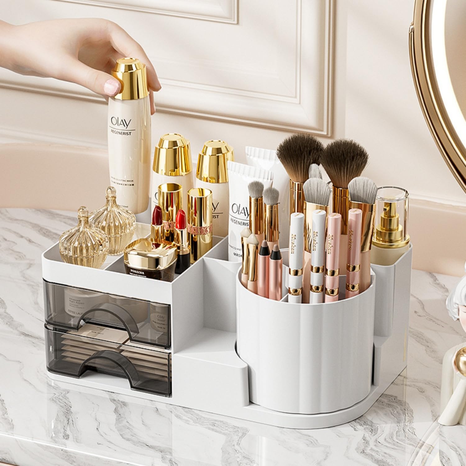 Makeup Organizer for Vanity with 2 Drawers,Countertop Rotating Makeup Brush Holder,Bathroom Organizer Holder,Cosmetic Display Case for Lipstick,Beauty,Skincare Organizer (White)