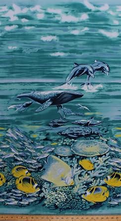 23.5" x 44" Panel Fish Dolphins Whales Ocean Sea Animals Water Underwater Coral Reef Sea Frolic Cotton Fabric Panel 1649-23139-a