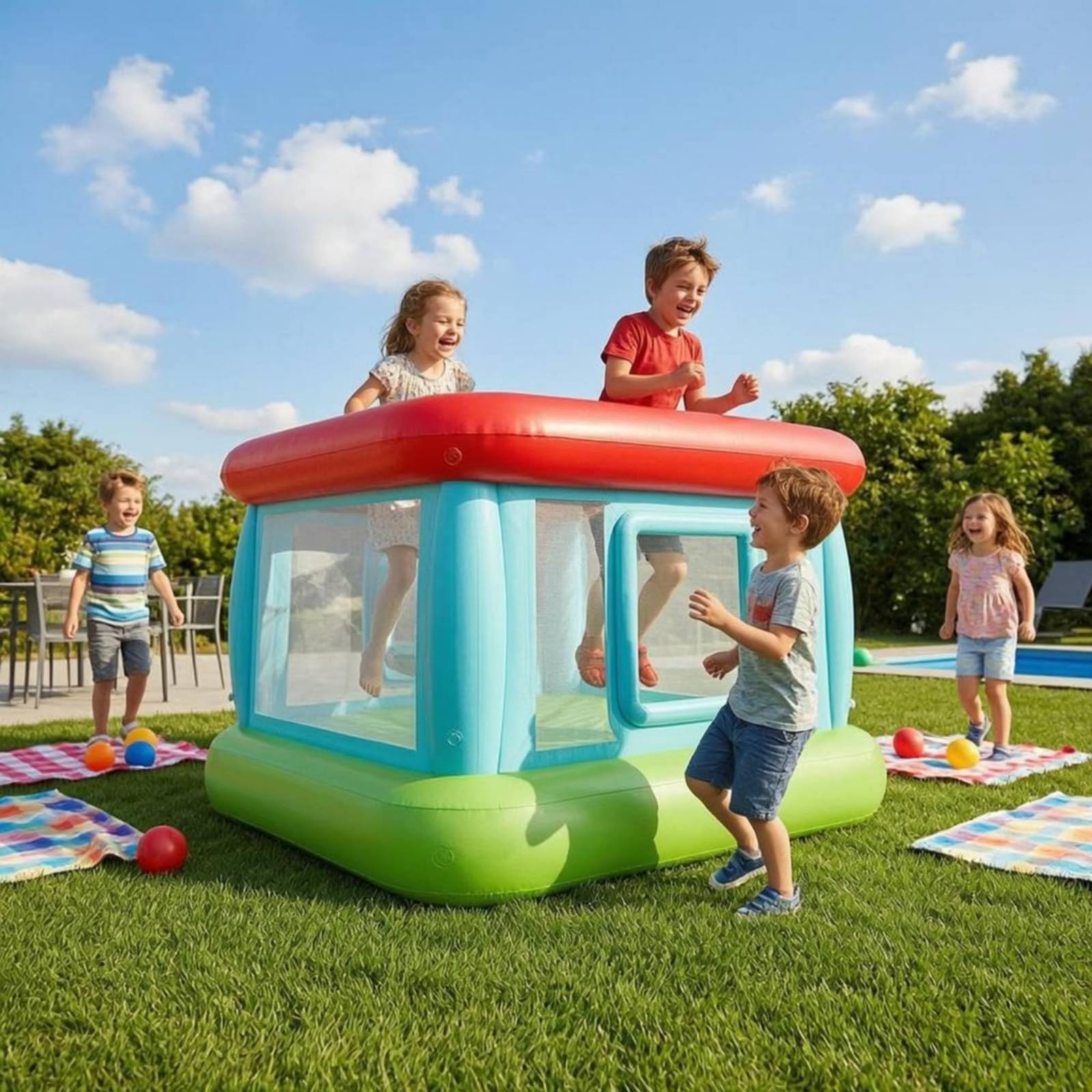 Sharplace Castillo Hinchable para Niños Castillo Colchoneta Parque con Despejada para Cuidado y Fondo Reforzado Adecuado para Interiores y Exteriores Fiestas, Rojo, Azul, Verde