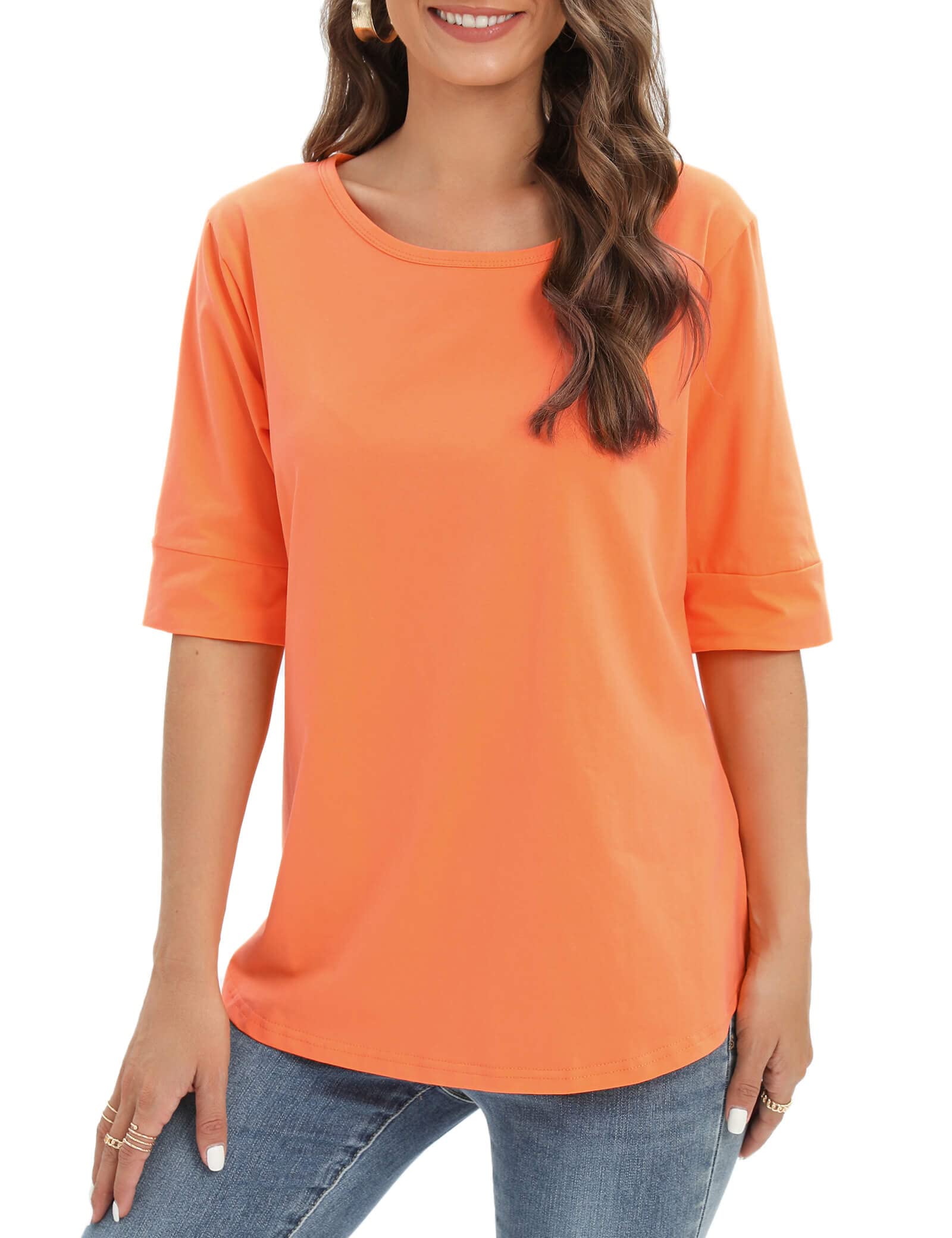 Womens Elbow Length Sleeve Tops Summer Fashion Cotton Blouses Casual Tunic Tee Shirts