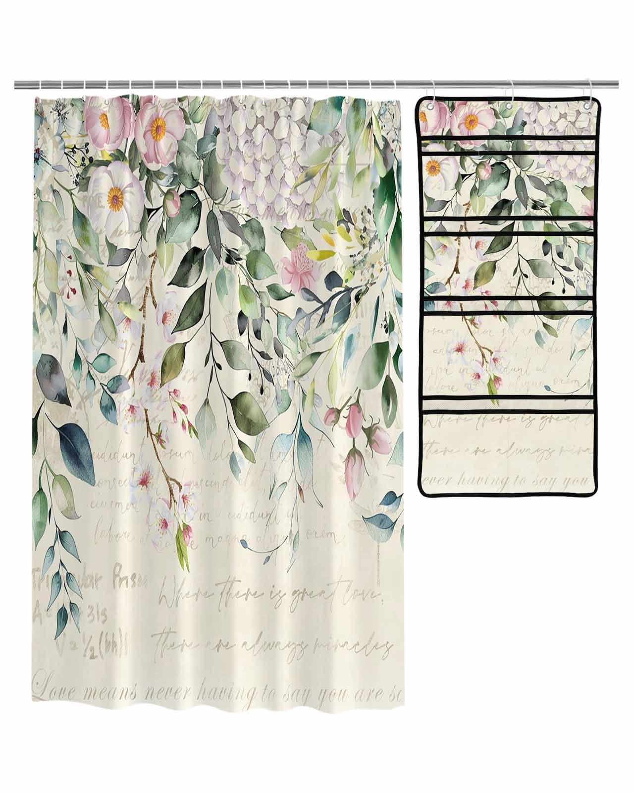 Decorative Shower Curtain Sets Eucalyptus Leaves Green Fabric Waterproof Shower Curtains Pastoral Style Pink Flowers Beige Mesh Shower