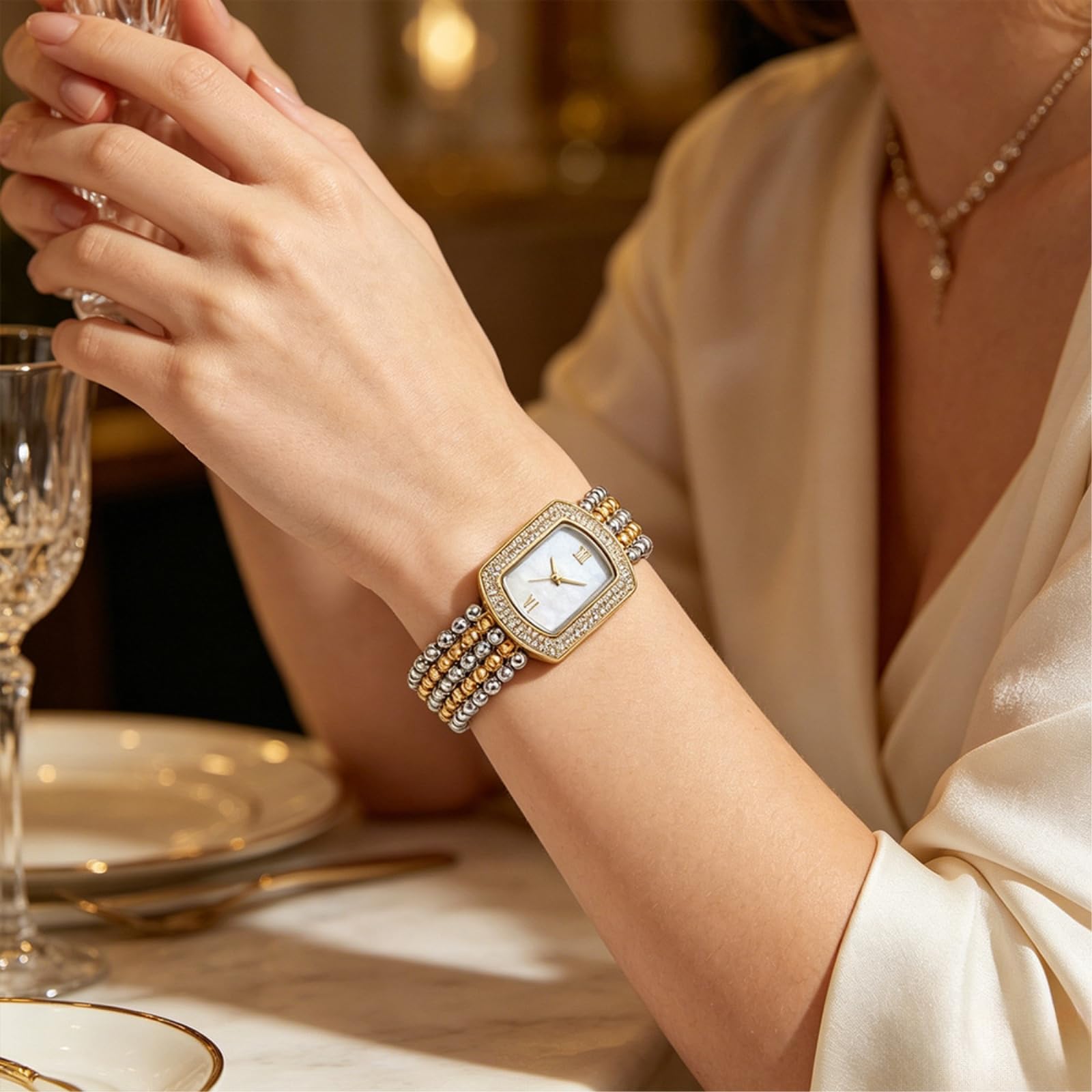 XXDML Damen-Armbanduhr mit quadratischem Zifferblatt, Kristallperlenarmband, Quarzwerk, wasserdicht, Gold, Silber, Roségold