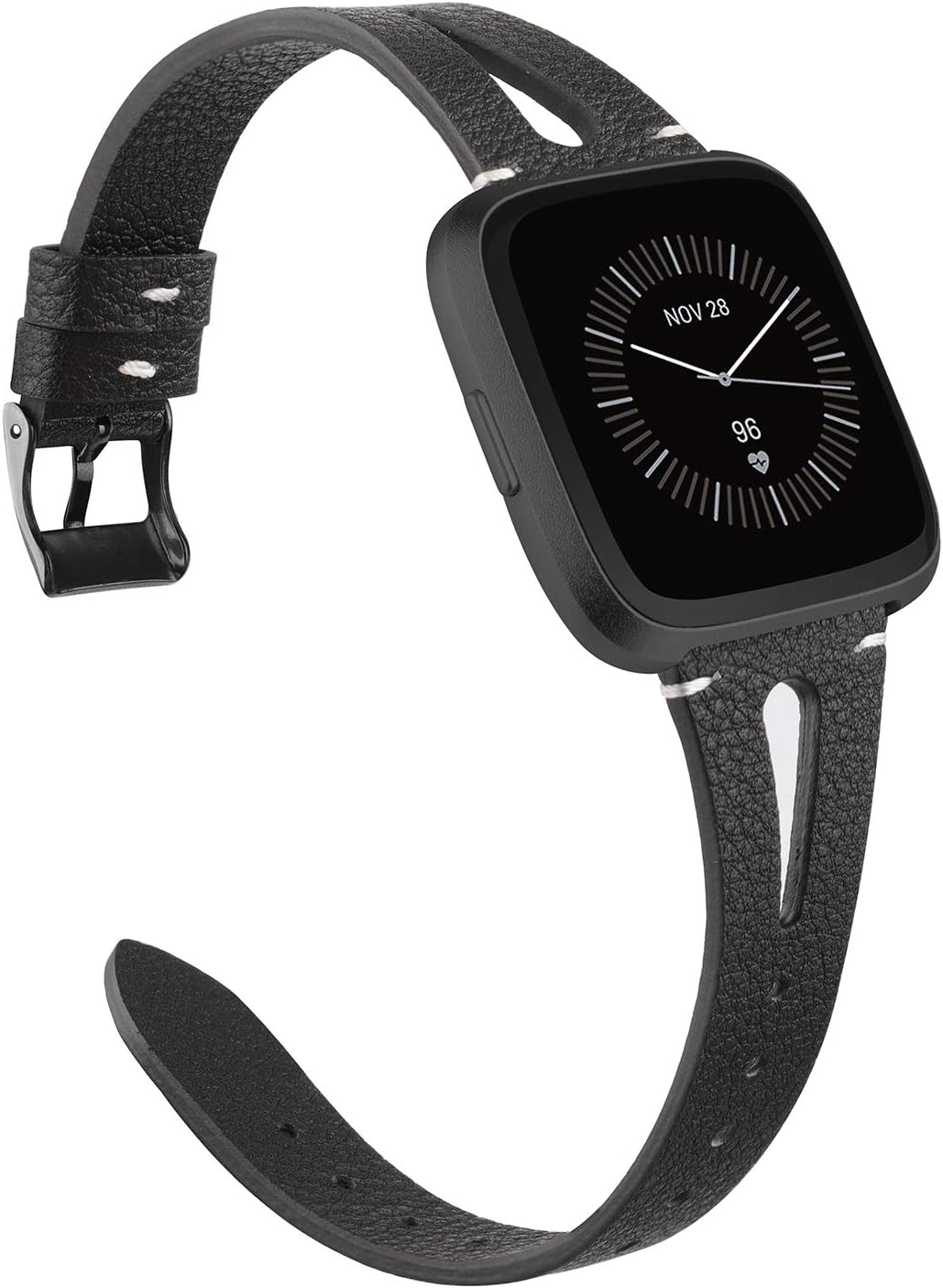 TOYOUTHS Leather Strap Compatible with Fitbit Versa 2/Versa Lite/Versa Bands Women Men Genuine Leather Wristbands with Breathable Hole Replacement for Versa 2 Special Edition, Black+Black Buckle
