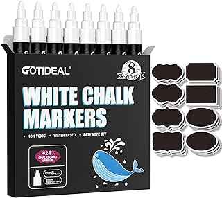 White Chalk Markers, Bold Tip Washable, for Blackboard, Glass & Bistro, Car Window, Non-Toxic, Erasable Paint Chalk Pens, Reversible Tip-6mm