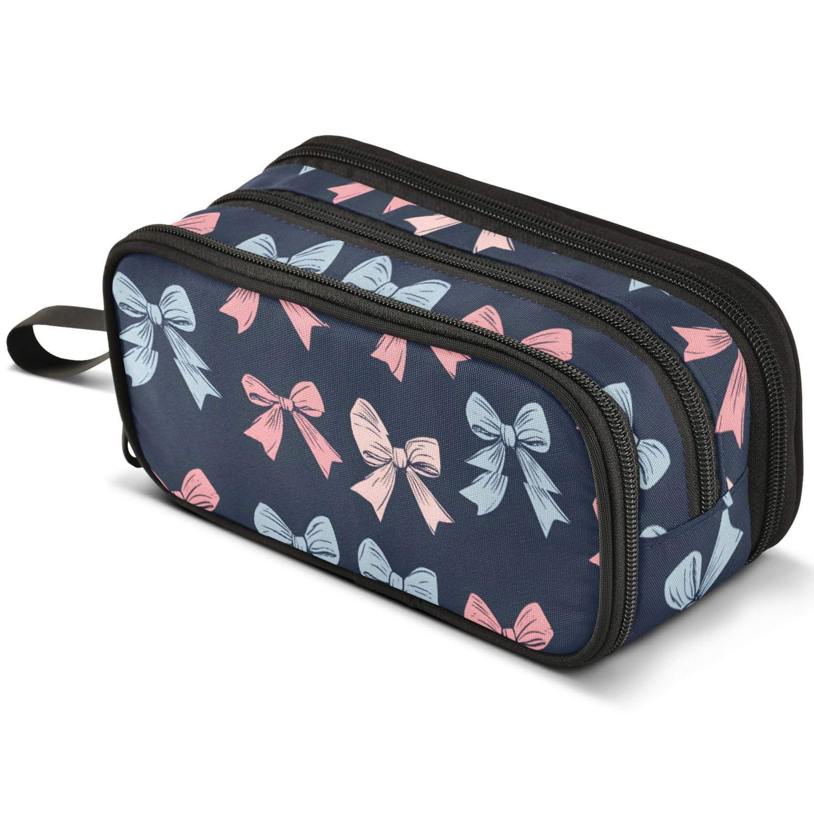 ALAZA Blue Pink Bow Pattern Large Pencil Case, Pen Pouch Pencil Bag with 3 Compartments Pen Holder Organizer Stationery Bag