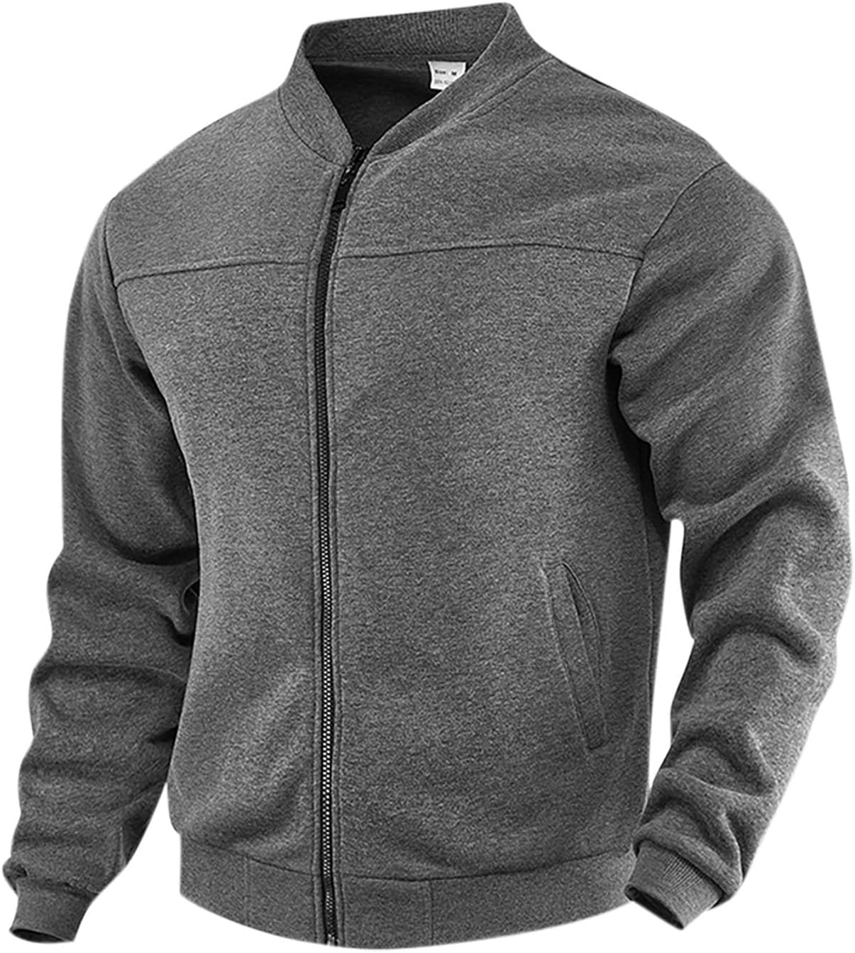 Bomber Jacket Men Fleece Lined Baseball Jacket Plain Full Zip Stand Collar Coats Lightweight Thin Windbreaker Coat Loose Fit Long Sleeve Tops Sportwear Solid Color Outerwear with Pockets S-3XL