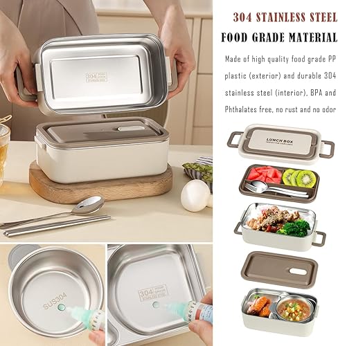 Miniatura 10 de Keweis - Lonchera para adultos portátil aislada para adultos adolescentes niños cajas Bento apilables de acero inoxidable de 2 niveles con bolsa de