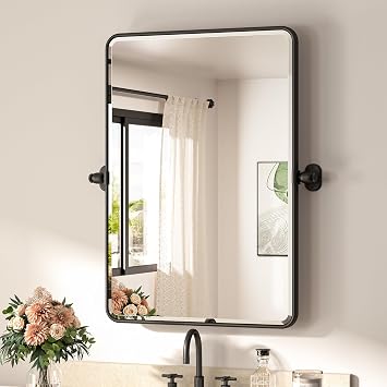 Pivot Mirror for Bathroom 20 x 30 Matte Black Tilt Rectangle Metal Framed Vanity Mirror, Modern Farmhouse Adjustable Tilting Beveled Rectangular Tempered Glass Mirror, Horizontal/Vertical