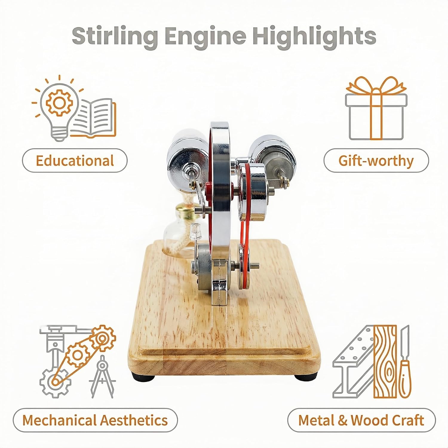 Hot Air Stirling Engine Motor Model, Professional Desktop Electricity Generator & Kinetic Art for Adult Collectors, External Combustion Physics Demonstration Kit, Ages 14+