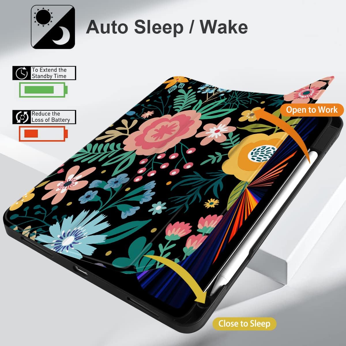TWOLSKOO Case for iPad Pro 12.9 6th/5th/4th/3rd Generation (2022 2021 2020 2018) - [Built-in Pencil Holder] Trifold Stand & Auto Wake/Sleep, Shockproof Cover with Soft Back Shell - Black Flower
