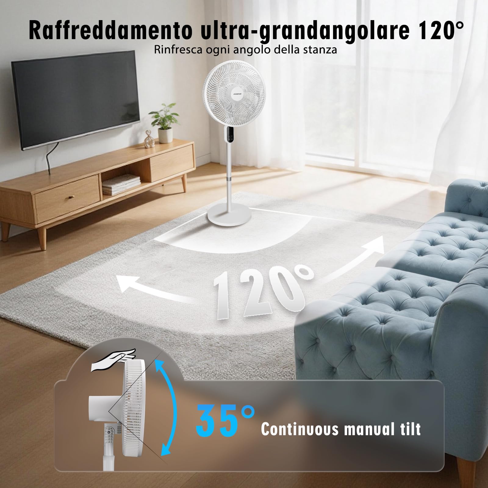 Aigostar Ventilatore a Piantana Silenzioso con 7 Pale, Telecomando, Timer 12H, 3 Velocità e Modalità, Base Circolare Ultra Stabile, Altezza Regolabile 91/125cm, 50W, per Casa e Ufficio, Bianco
