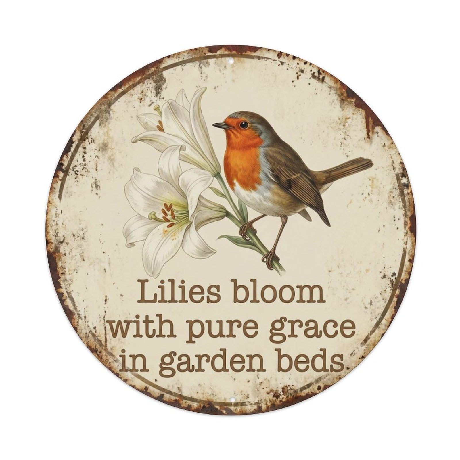 Robin Bird Garden Quote Lily RoundMetal Tin Sign