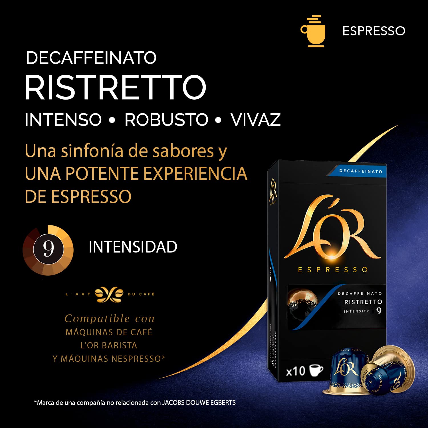 L'OR Espresso Cápsulas de Café Ristretto Decaffeinato | Intensidad 9 | 100 Cápsulas Compatibles Nespresso (R)