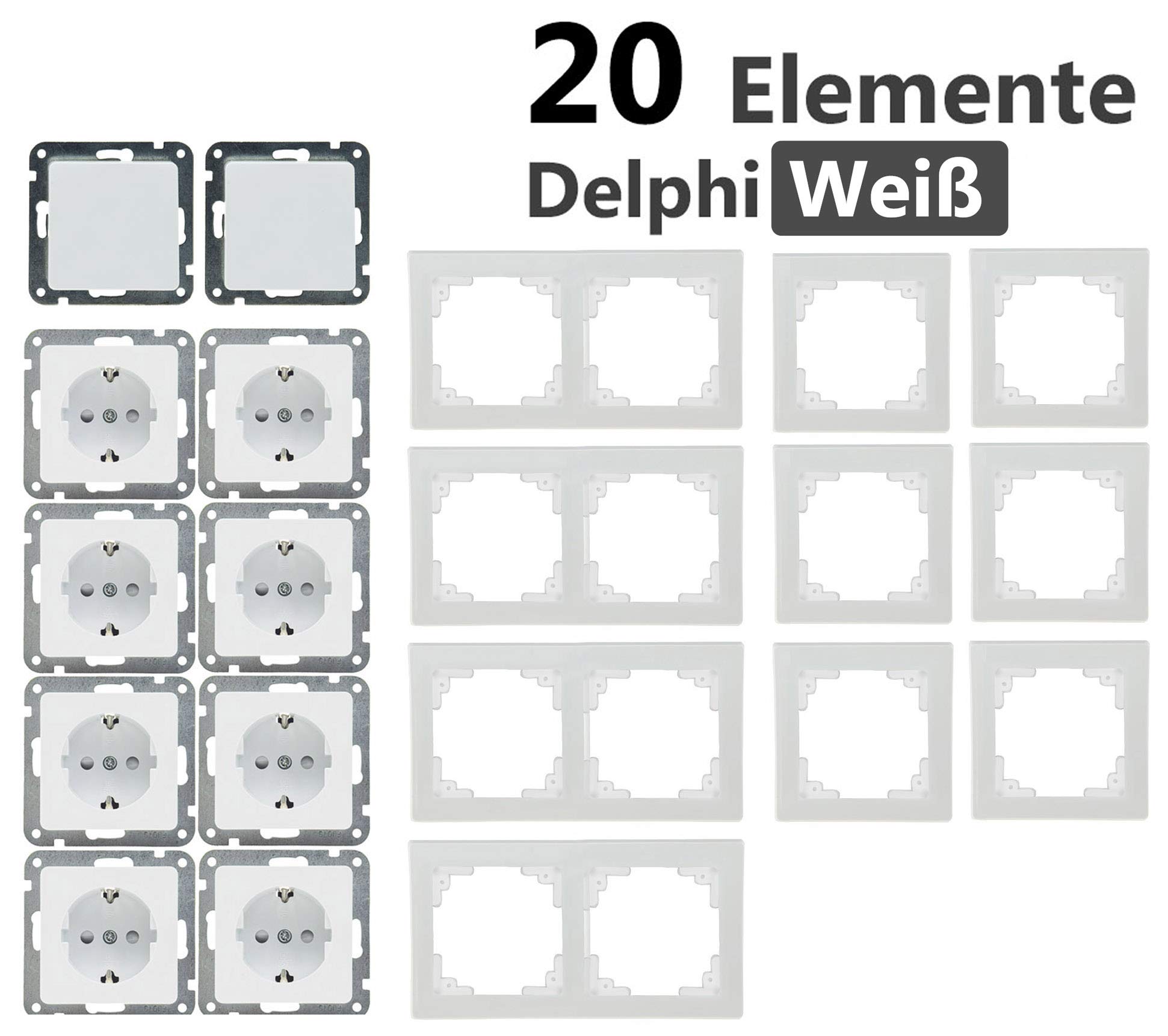 ChiliTec Steckdosen Schalter Set Delphi 20 Teile Steckdosen Schalter Rahmen Unterputz Einbau Weiß