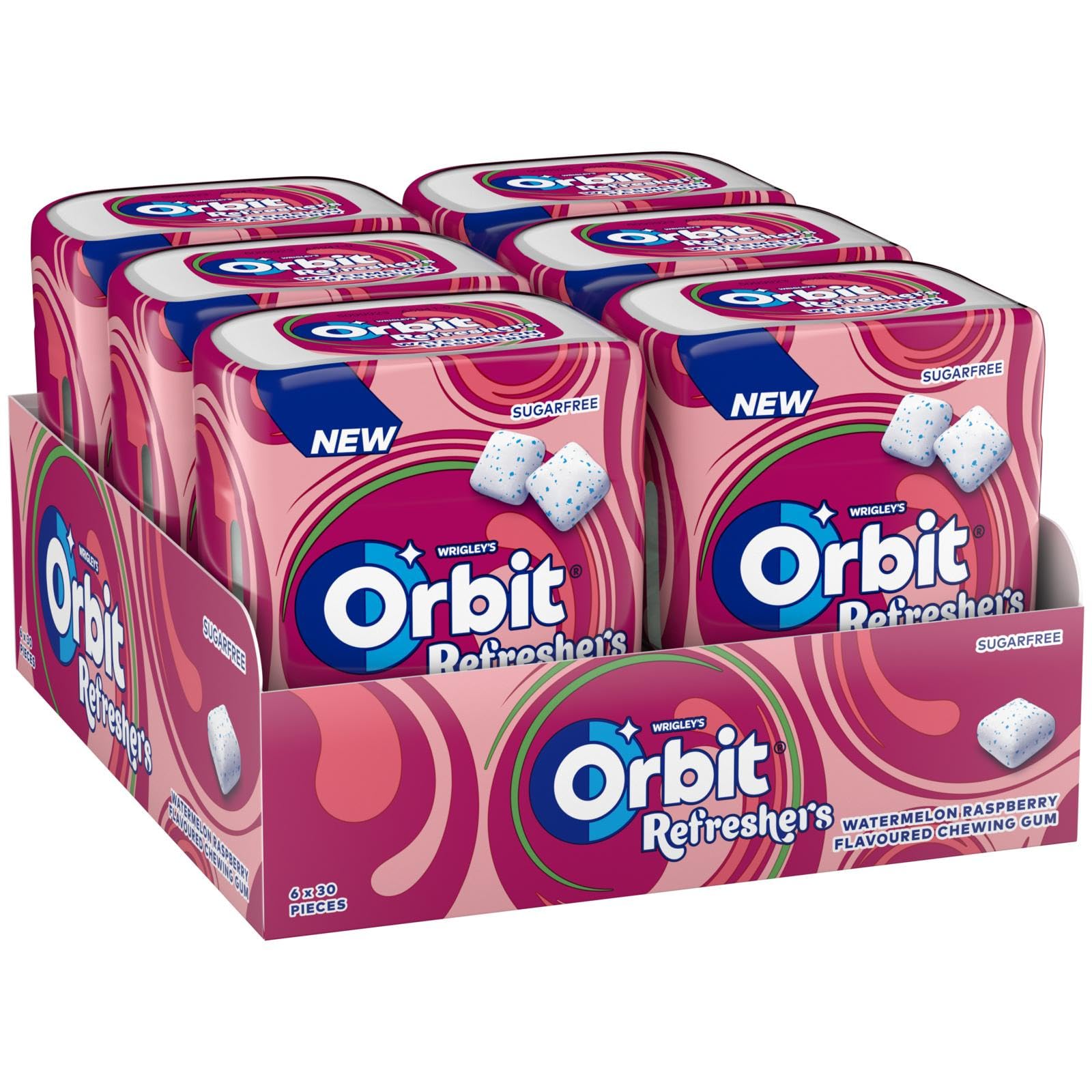 Orbit Refreshers Bote de chicles sin azúcar sabor sandía y frambuesa, 6 cajas de 30 unidades