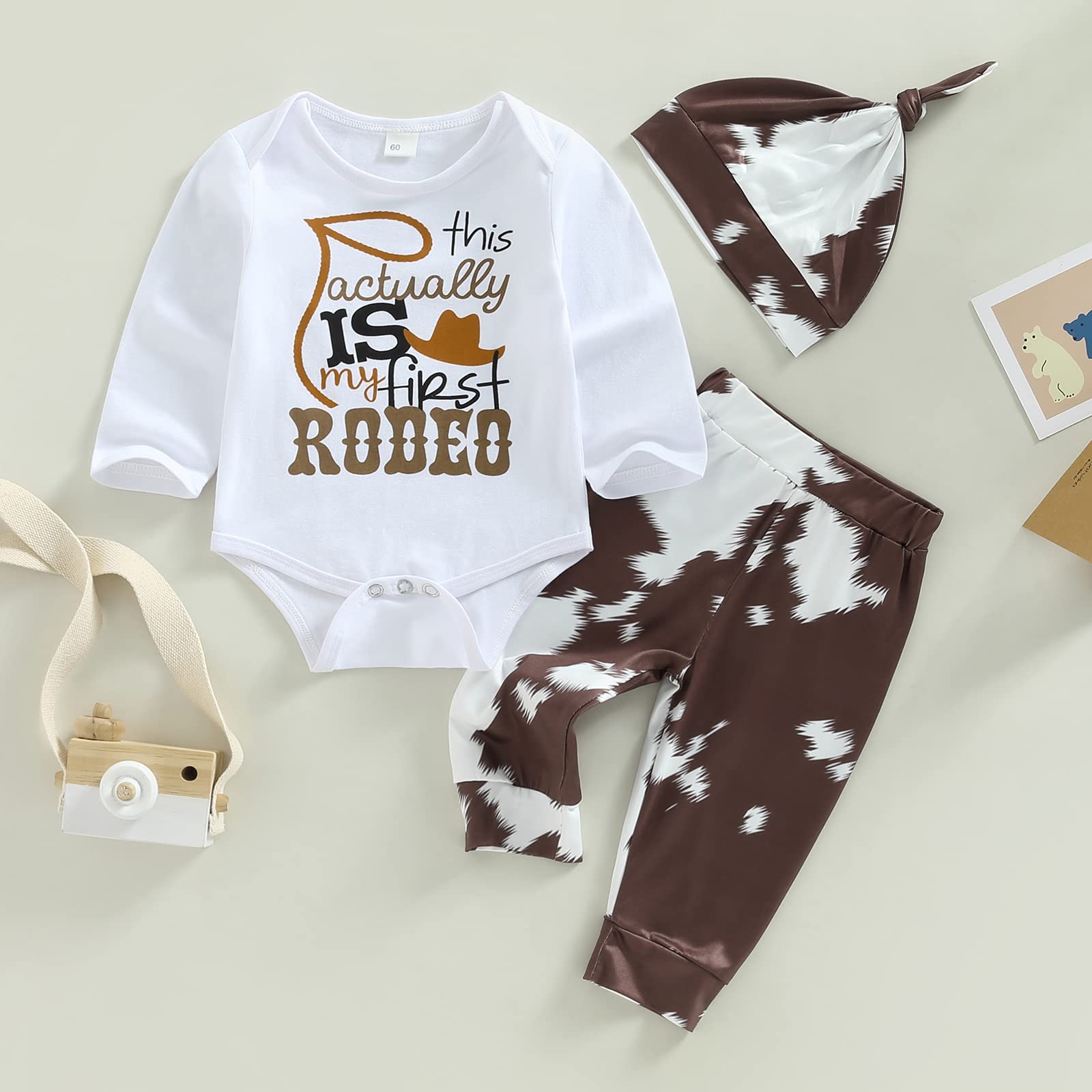 Youweixiong Newborn Baby Boy Girl Clothes Long Sleeve Letter Romper Top Cow Spot Print Pants Hat Set Infant Fall Winter Outfits 3Pcs (Brown+Cow Spot, 0-3 Months)