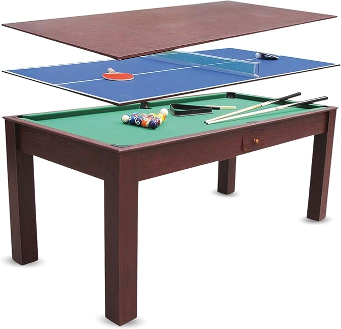 DEVESSPORT Mesa Multijuego 3 en 1 | Billar, Ping Pong y Mesa de Comedor | Estructura de Madera, Accesorios Incluidos, Acabado Elegante | Ideal para Hogares y Espacios Multifuncionales