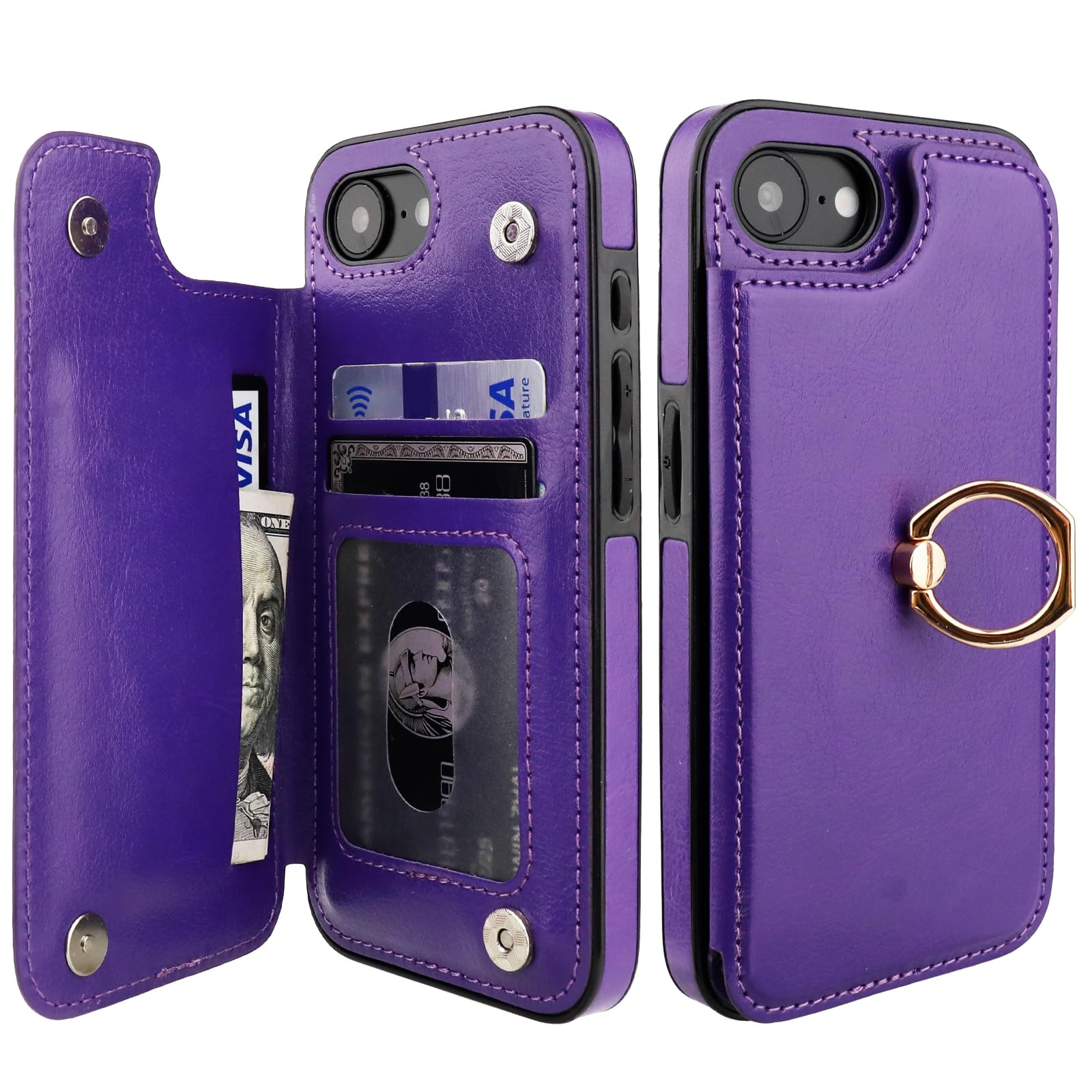 ONETOP for iPhone 16e Wallet Case with Card Holder, 360° Rotation Ring Kickstand RFID Blocking PU Leather Double Magnetic Clasp Shockproof Cover for