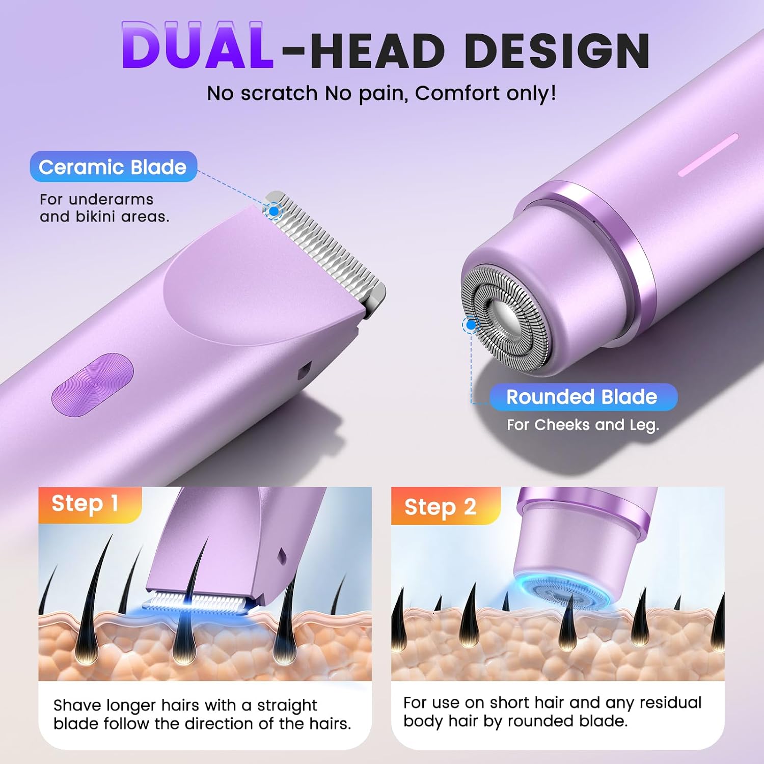 Bikini Trimmer for Women, 2-in-1 Electric Razor with Dual Head, IPX7 Waterproof Body Hair Trimmer for Pubic Hair, Legs, Underarms and Sensitive Areas, Cordless Rechargeable (Purple)