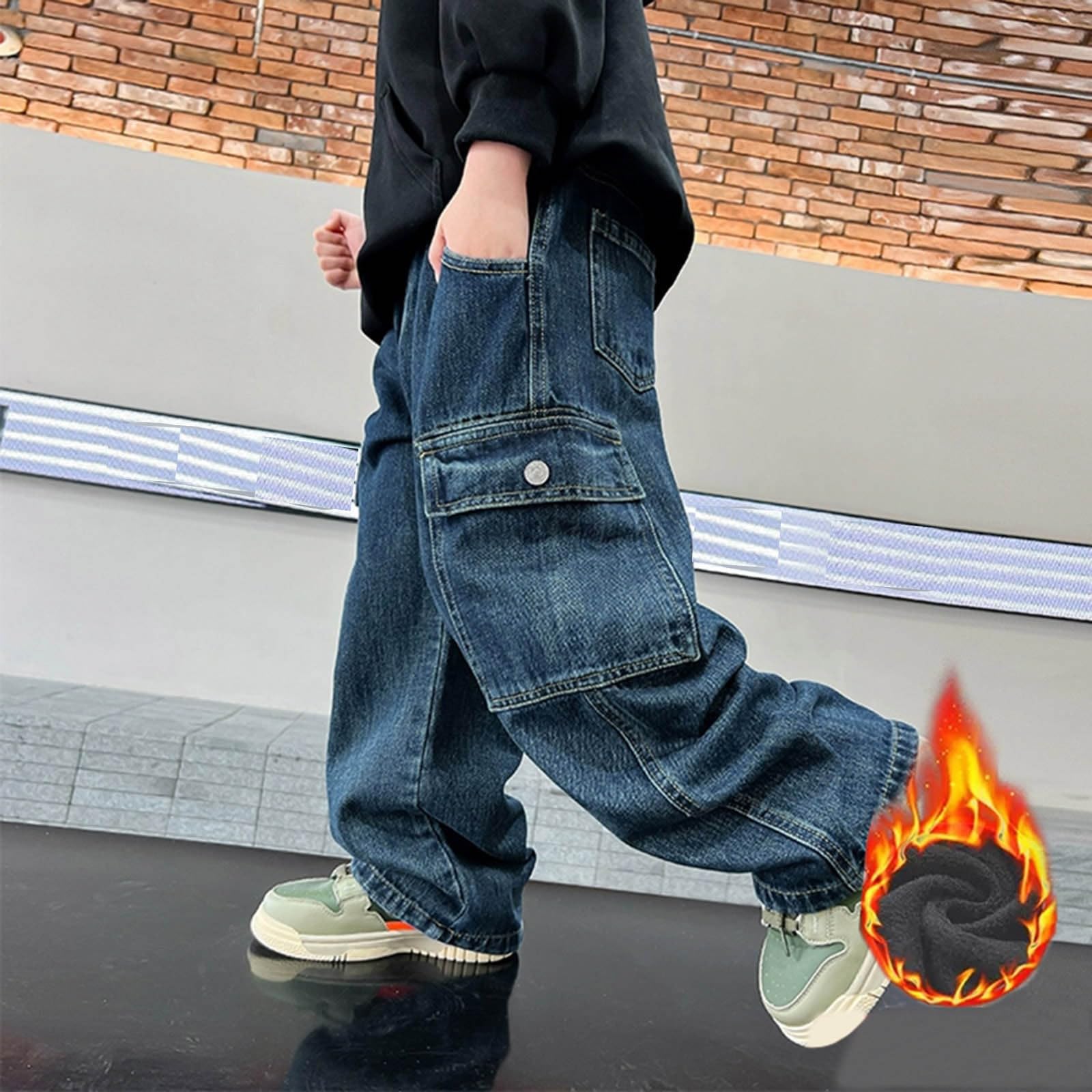 Vaqueros Niño 5-16 Años Anchos Forro Polar Pantalón Vaquero Adolescentes Chico Elasticos Rectos Moda Y2K Streetwear Jeans Pantalones Vaqueros Cargo Denim Holgados Grueso Invierno 2026