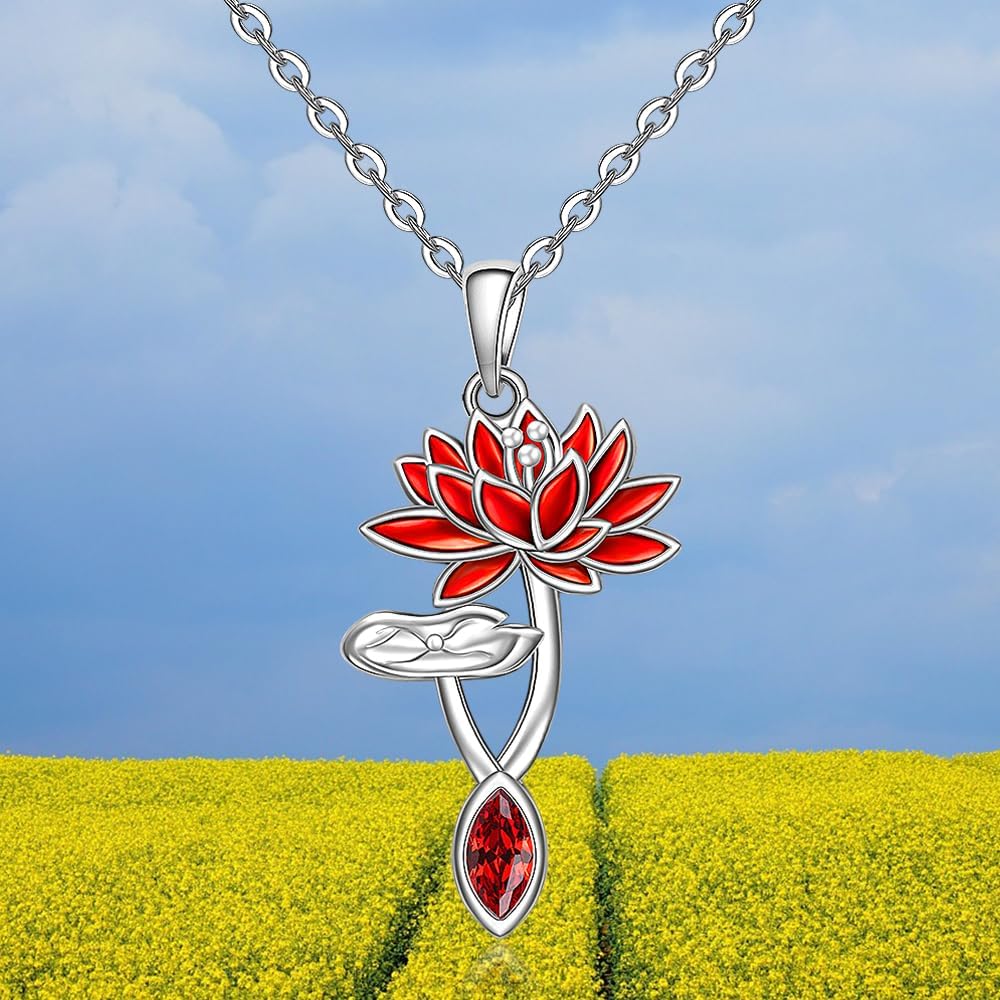 Fenthring Birth Flower Necklace July Birthstone Water Lily Necklace Lotus Flower Necklaces for Women Sterling Silver Lotus Pendant Jewelry Mom Christmas Birthday Gifts - Image 9