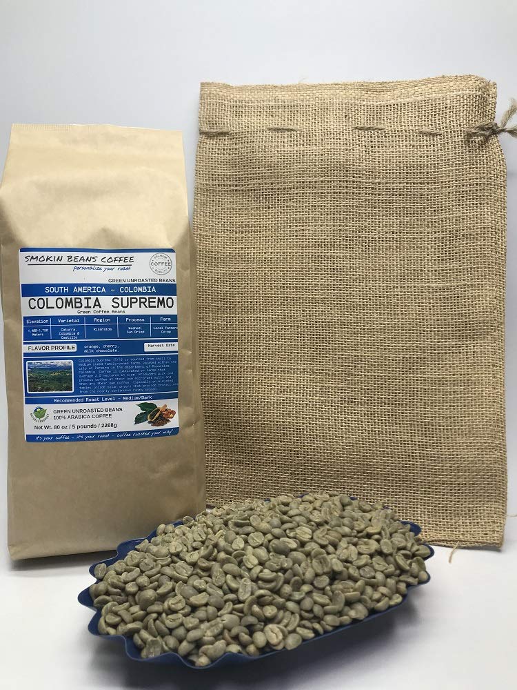 5-pound Colombia Supremo (Unroasted Green Coffee Beans) premium Arabica beans South America fresh current-crop beans for home coffee roasters, specialty-grade coffee beans, includes a free burlap bag