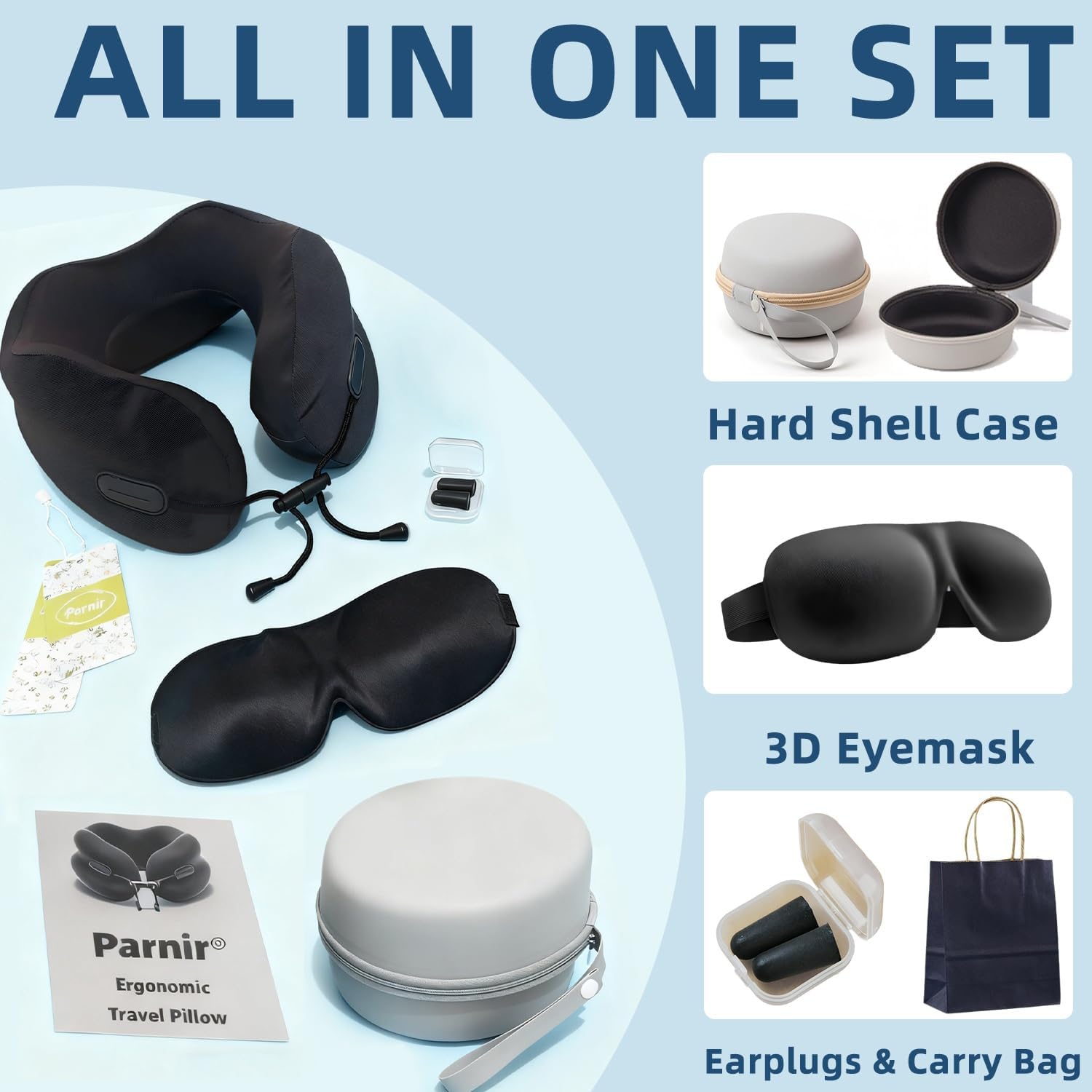 Ergonomic Travel Neck Pillow for Airplane, Memory Foam Support for Long Haul Flight Headrest, Soft Compact U Shaped for Adult Women Plane Sleeping, Portable Carry Box, Eyemask, Earplugs, Size S