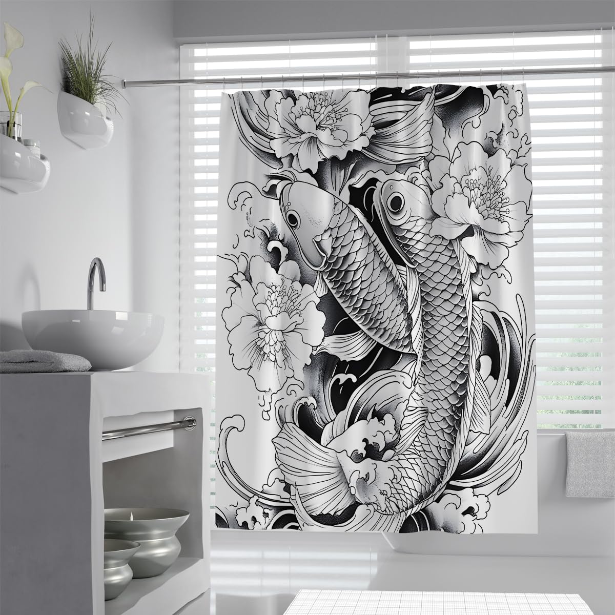 Uiringart Shower Curtains Carps Bath Curtain W180xl200cm Japanese Tattoo Style Peony Flowers Waves Pattern Mold Resistant Quick Dry Washable Bathroom Curtains For Bathtub With Hooks