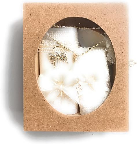 Miniatura 2 de Kit de bautismo católico en caja de madera con toalla, vela, rosario y concha para bebés niños y niñas. Hecho a mano en México Regalo para padrinos.