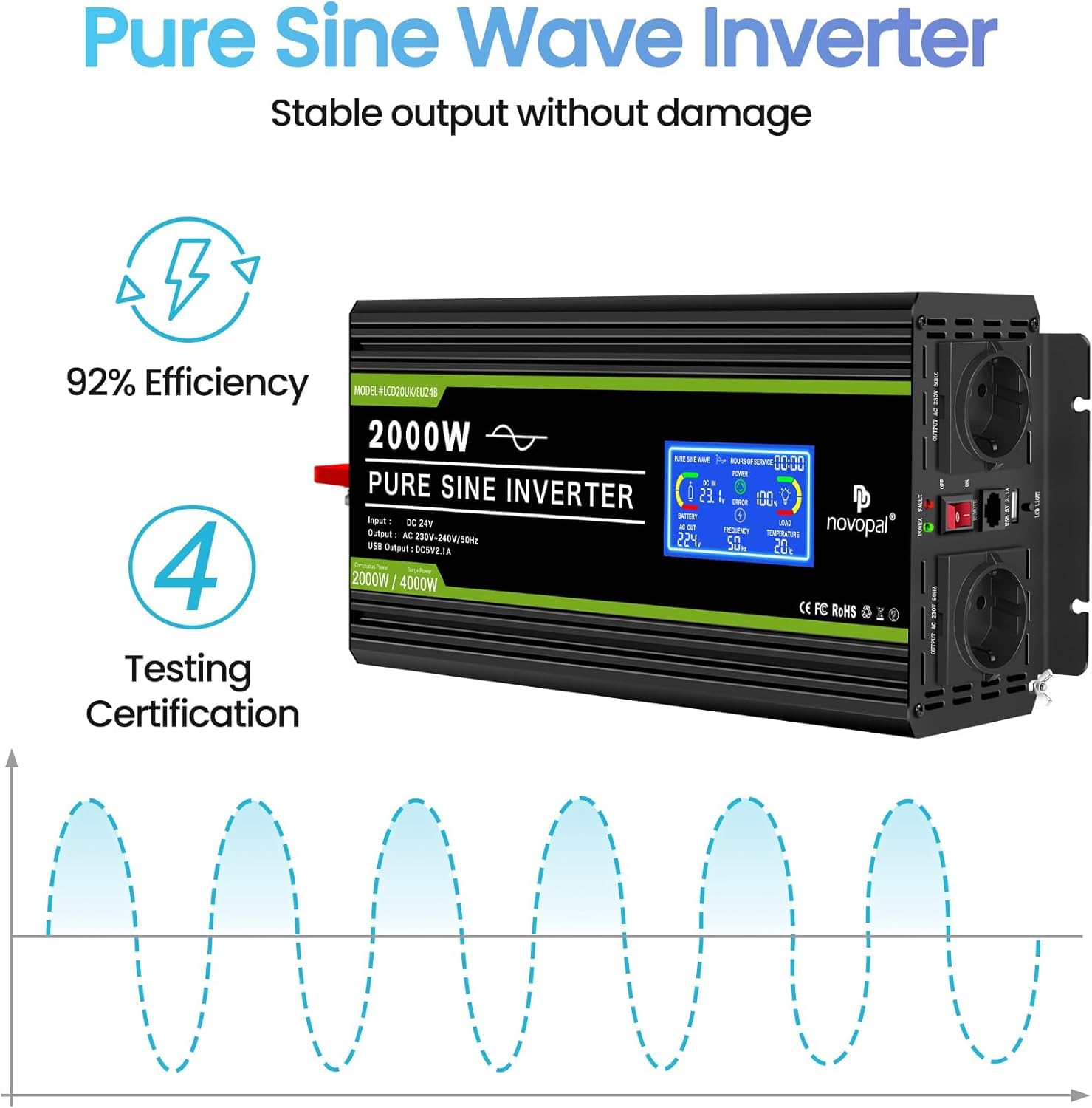 NOVOPAL 2000W Inversor 24V 220V Onda Pura Convertidor | 5M Mando a Distancia& LCD Display,2.4A USB para RV, Viajes, Camping