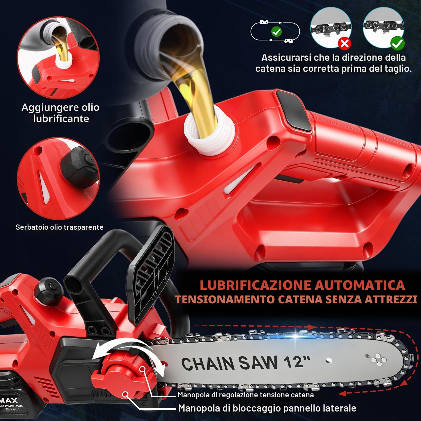 Motosega a Batteria 12 Pollici, 1200W Motosega Elettrica con 2x4000mAh Batterie, Motore Brushless, Elettrosega da Potatura con Lubrificazione Automatica per Taglio Legna e Giardino