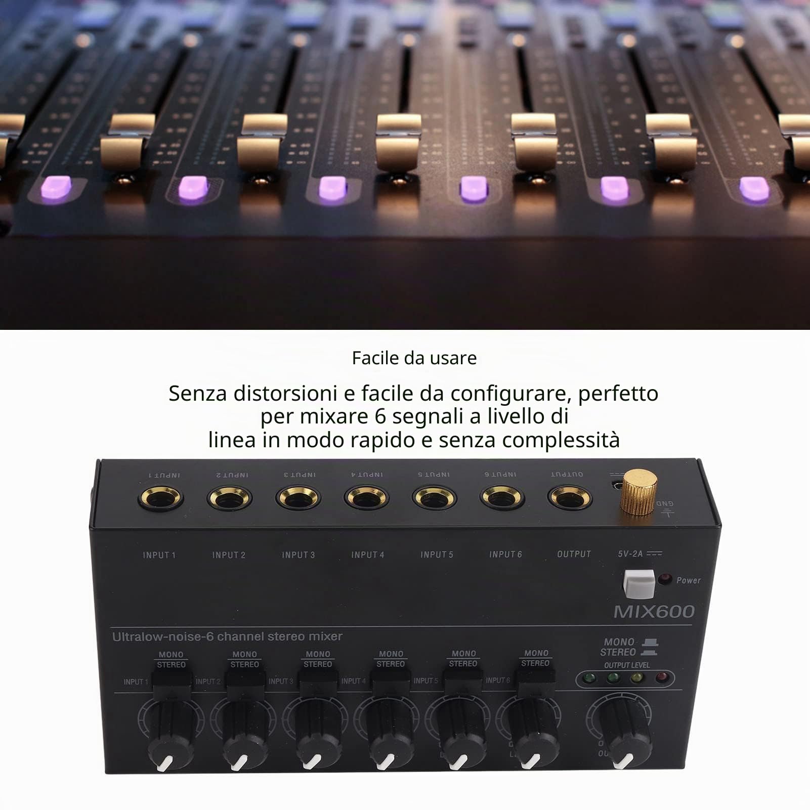 Mini Mixer Audio, Mixer di Linea Stereo Portatile, 6-Stereo Ultra, 6 Canali a Basso Rumore per Missaggio Secondario, Ideale per Piccoli Club o Bar, Come Mixer per Chitarre, Bassi