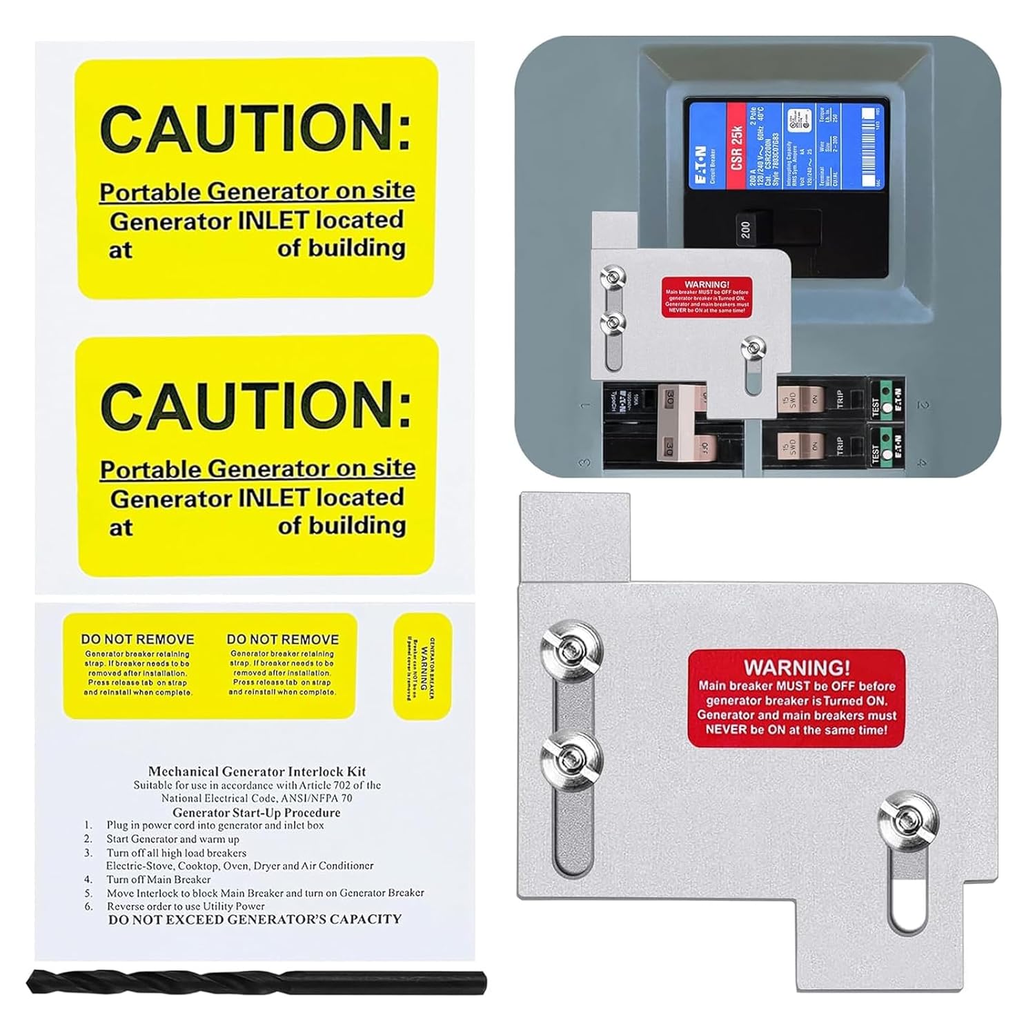 Generator Interlock Kit for Eaton Cutler Hammer CH TAN Breaker 150 or 200 Amp Panel, Interlock Kit, 1 1/2 inch Spacing Between Main and Branch Circuit Breakers
