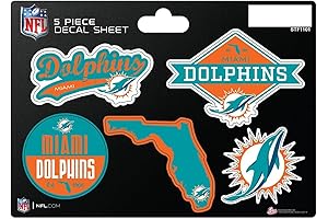 Miami Dolphins Sticker Sheet with 5 Team Logos for Laptops, Water Bottles, and More