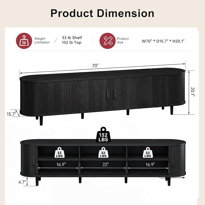 70" Mid Century Modern TV Stand, Wood TV Consoles with Sliding Doors and Power Outlet, Fluted Entertainment Center with Adjustable Shelves, Media Console for Living Room, Black image 3
