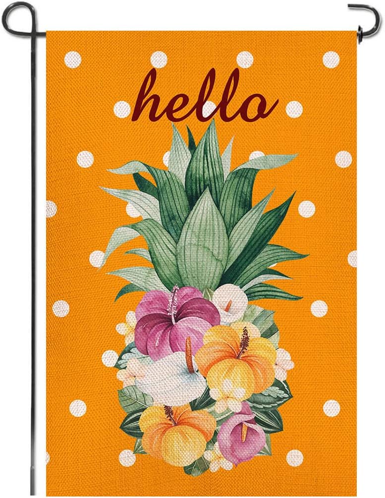 Shmbada Welcome Flowers Pineapple Burlap Garden Flag, Double Sided Seasonal Spring Summer Home Decor Outdoor Decorative Small Flags for Yard Lawn Patio Farmhouse, 12.5 x 18.5 inch