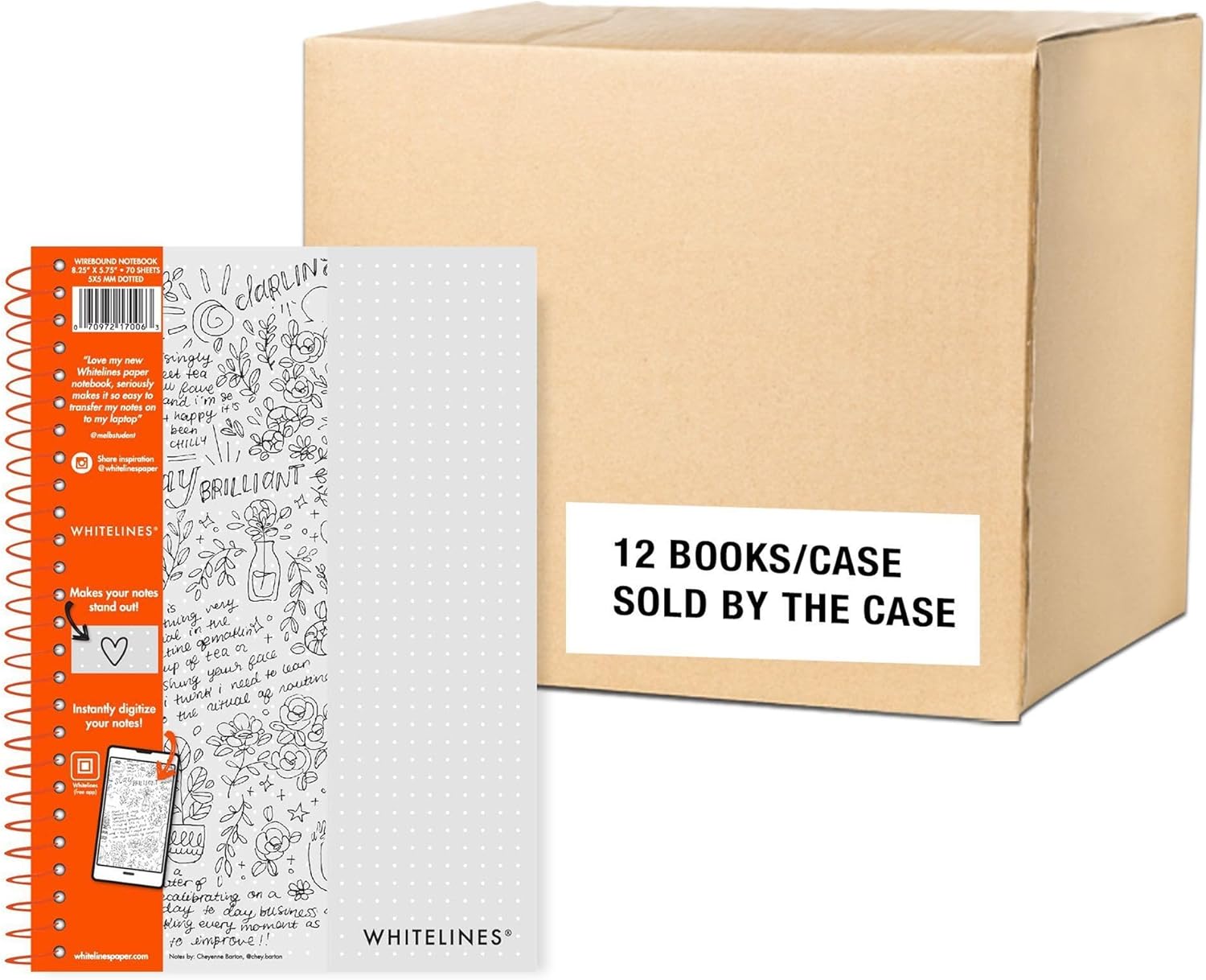 Whitelines Spiral Wire Bound Dot Grid Ruled Journal Notebook, Premium 20# Gray Paper, 8.25" x 5.75" 70 Sheets, Makes Your Notes Stand Out & Links Them To The Digital World, Made in USA (Pack of 12)
