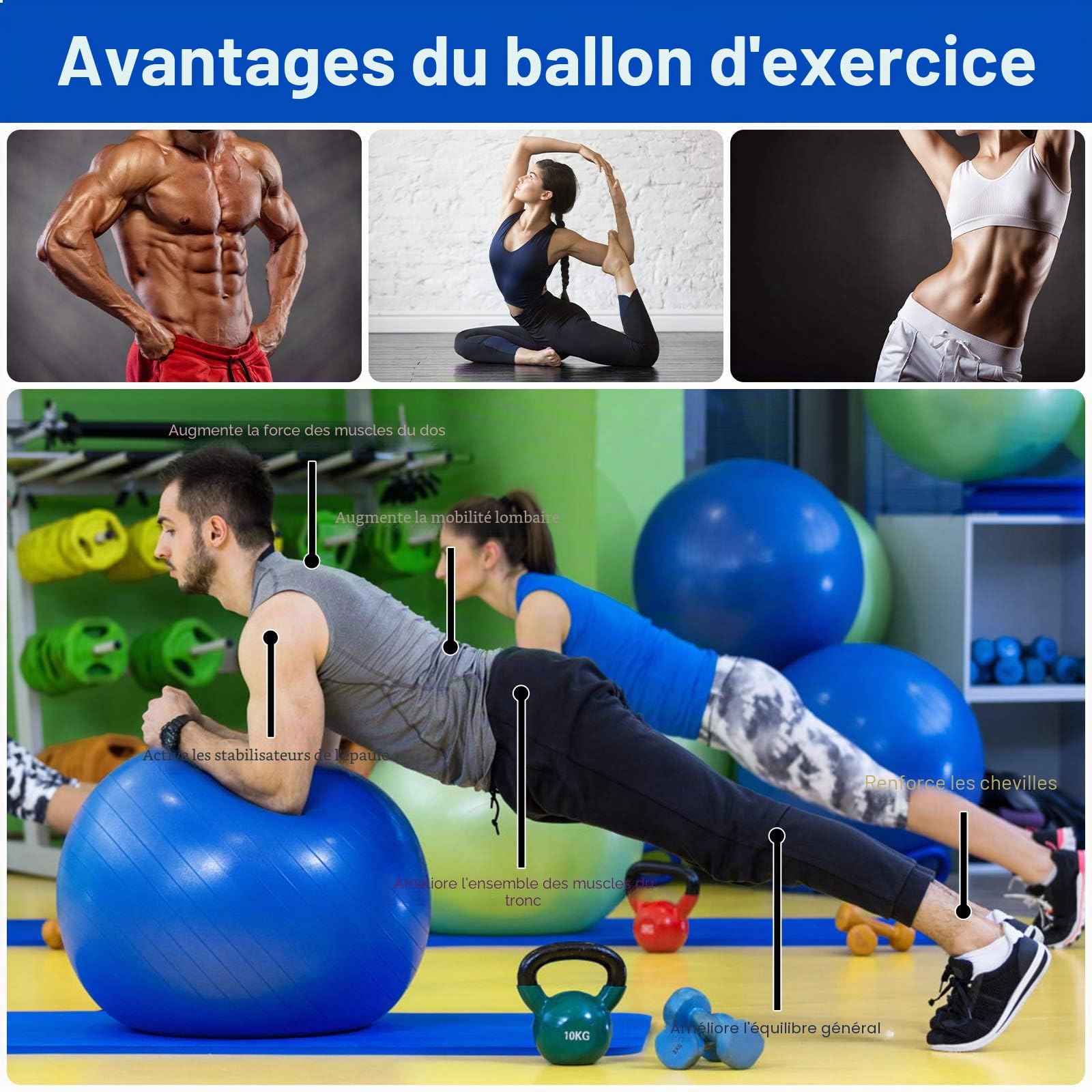 Flintronic Ballon Fitness Anti-Explosif Ultra-Épais avec Pompe Pied, Balle de Yoga 65/55cm