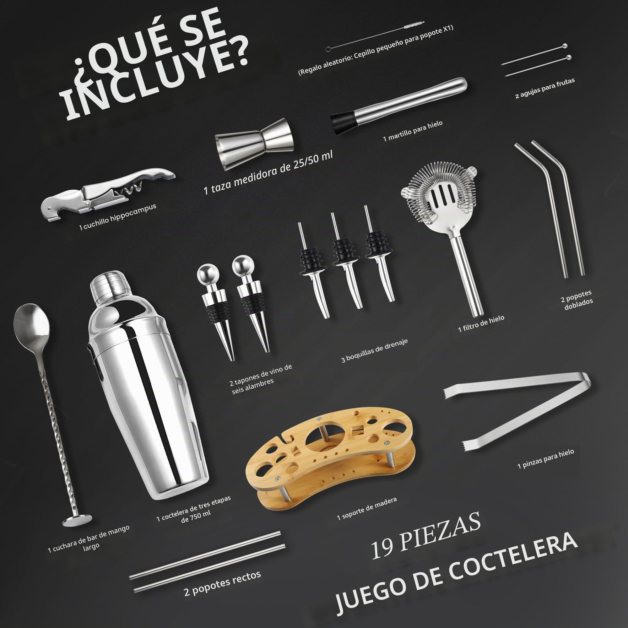 19 Piezas Coctelera, 750 Ml Coctelera Profesional de Acero Inoxidable Soporte Madera y Libro de Recetas De CóCteles, Cocktail Shaker, Regalo para Hombres y Mujeres (Bar en Casa, Fiesta, Boda)