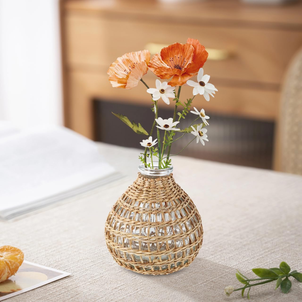 Vase with Rattan Cover, Handwoven Rattan Glass Bud Vase, Small Wicker Woven Cover Boho Floral Holder, Decorative Centerpiece for Flower Arrangements, Essential Oil Aromatherapy, Home Restaurant Decor