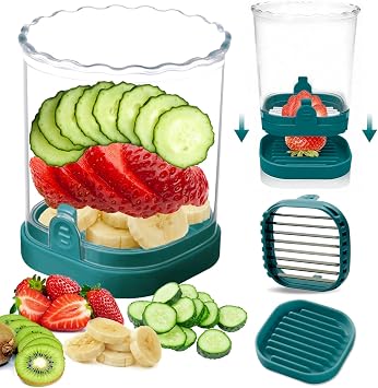 Fruit Slicer Cup - Stainless Steel Strawberry Slicer with Push Plate, Detachable Egg Banana Grape Cutter, Dishwasher Safe Multifunctional Kitchen Gadget for Fruit Salad Cake Dark Teal