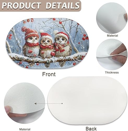 Miniatura 7 de Washable Placemats Set of 6 Winter Owl Round Placemats Xmas Place Mats Washable Placemat Christmas Oval Table Mat for Kitchen Dining Table Holiday