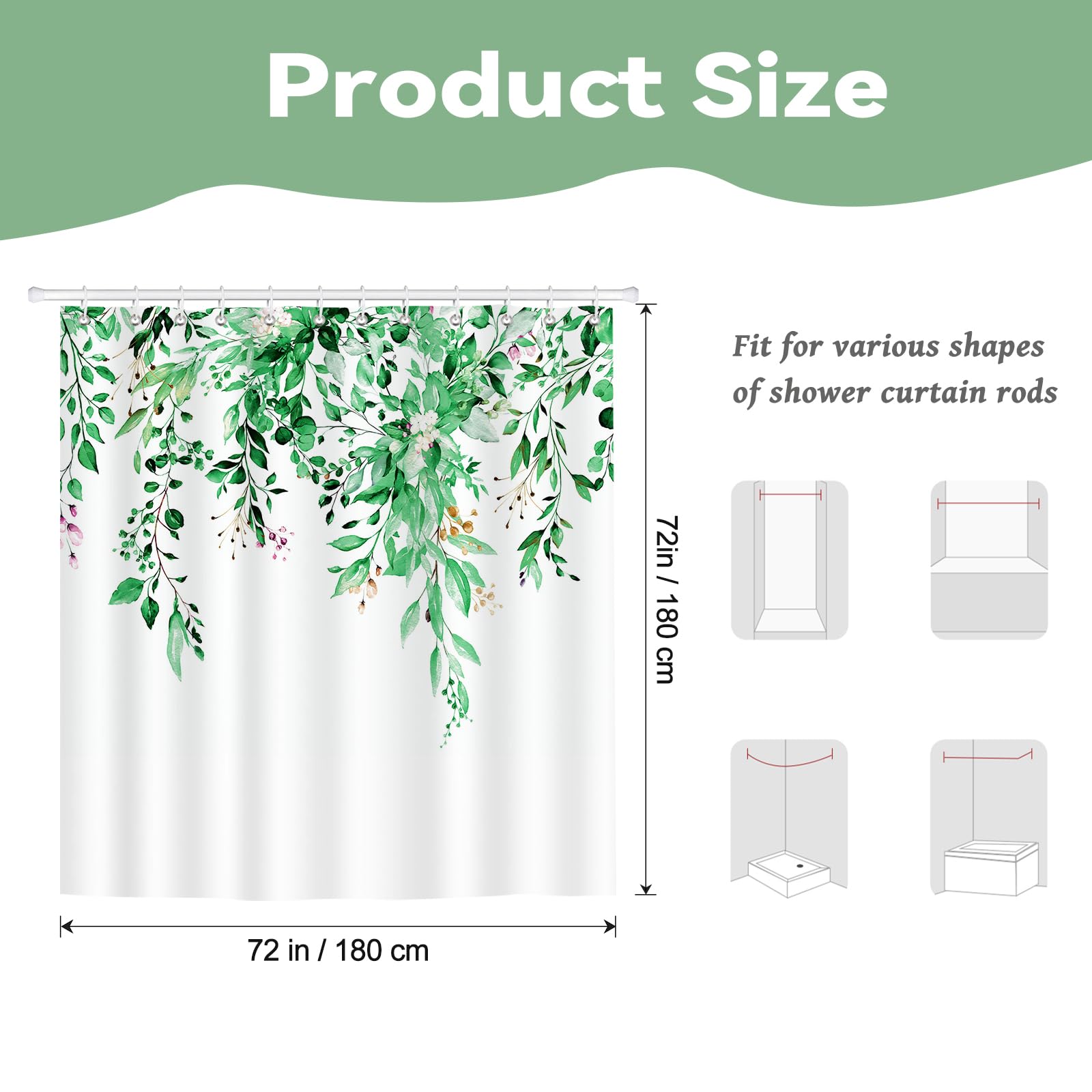 Hopomoon Set Tenda Doccia Stile Nordico con Piante e Stampe Floreali, Design a Foglie, Impermeabile, in Tessuto di Poliestere Spesso per Bagno, 180 x 180 cm