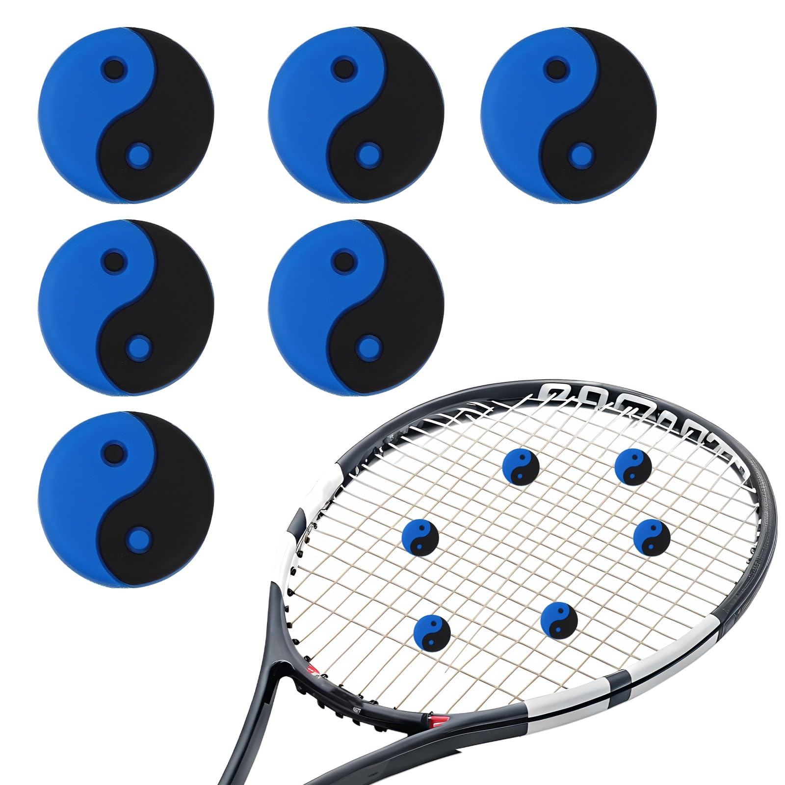 YELARXI Tennis Dampener, TaiChi Pattern Silicone Tennis Racket Dampeners Racket Shock Absorber to Reduce Vibration Soft Cute Fit for (Players/Universal Fit for All Racquets) 6Pcs & Blue