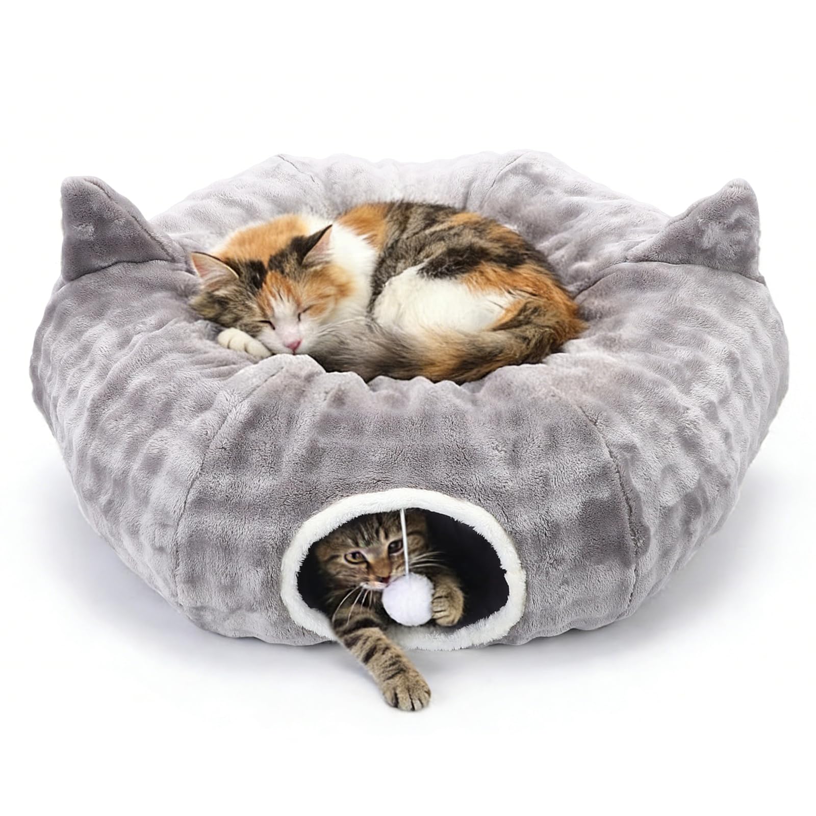 Tunnel per Gatti, Tunnel Gatto e Cuccia 2 in 1 con Giocattoli Pendenti, Tunnel Gatto con 2 Ingressi, Cuscino Circolare Lavabile, Tubo per Gatti Gioco Pieghevole per Gattini/Cuccioli/Conigli