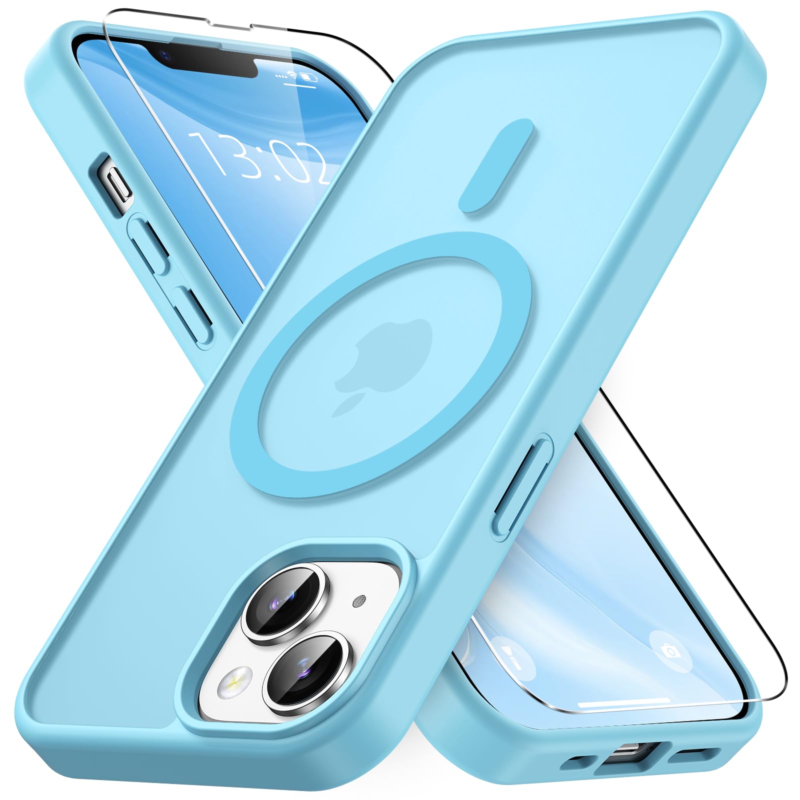Vansdon Cover Magnetica per iPhone 13/14 con 1 Pezzi Vetro Temperato | Azzurro chiaro, Compatibile con Magsafe, Protezione anticaduta di livello militare, Cover Traslucida Opaca Sottile Antiurto