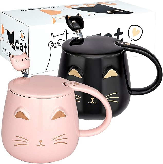 2 Pack Cute Cat Mugs Cat Coffee Mug Set with lid and Lovely Kitty Spoon Novelty Morning Tea Milk Mug Set for Cat Lovers Girls Women Christmas Birthday Gift 450ML/15oz,Black and Pink