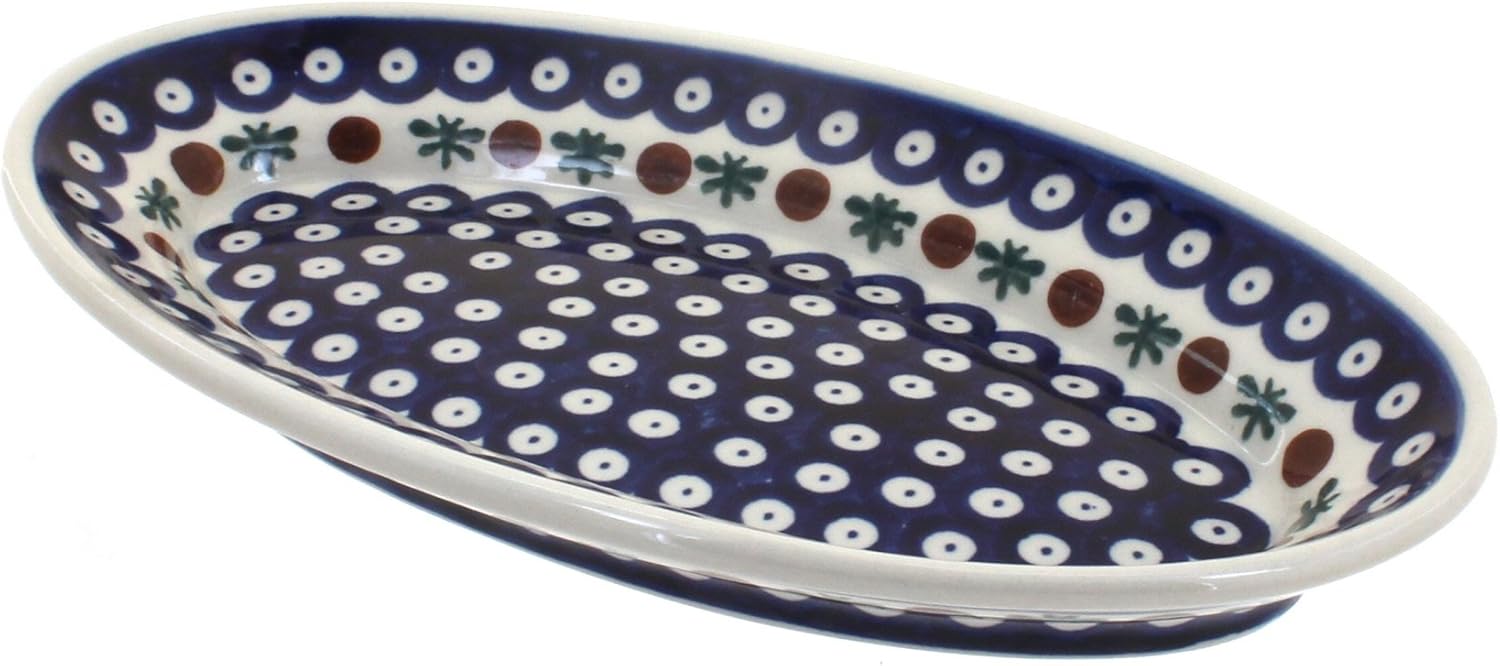 Blue Rose Polish Pottery - Green Seaside Swirl Small Oval Platter - 10.75" x 6" - Unique Platter for Dinner Parties, Very Durable & Dishwasher Safe