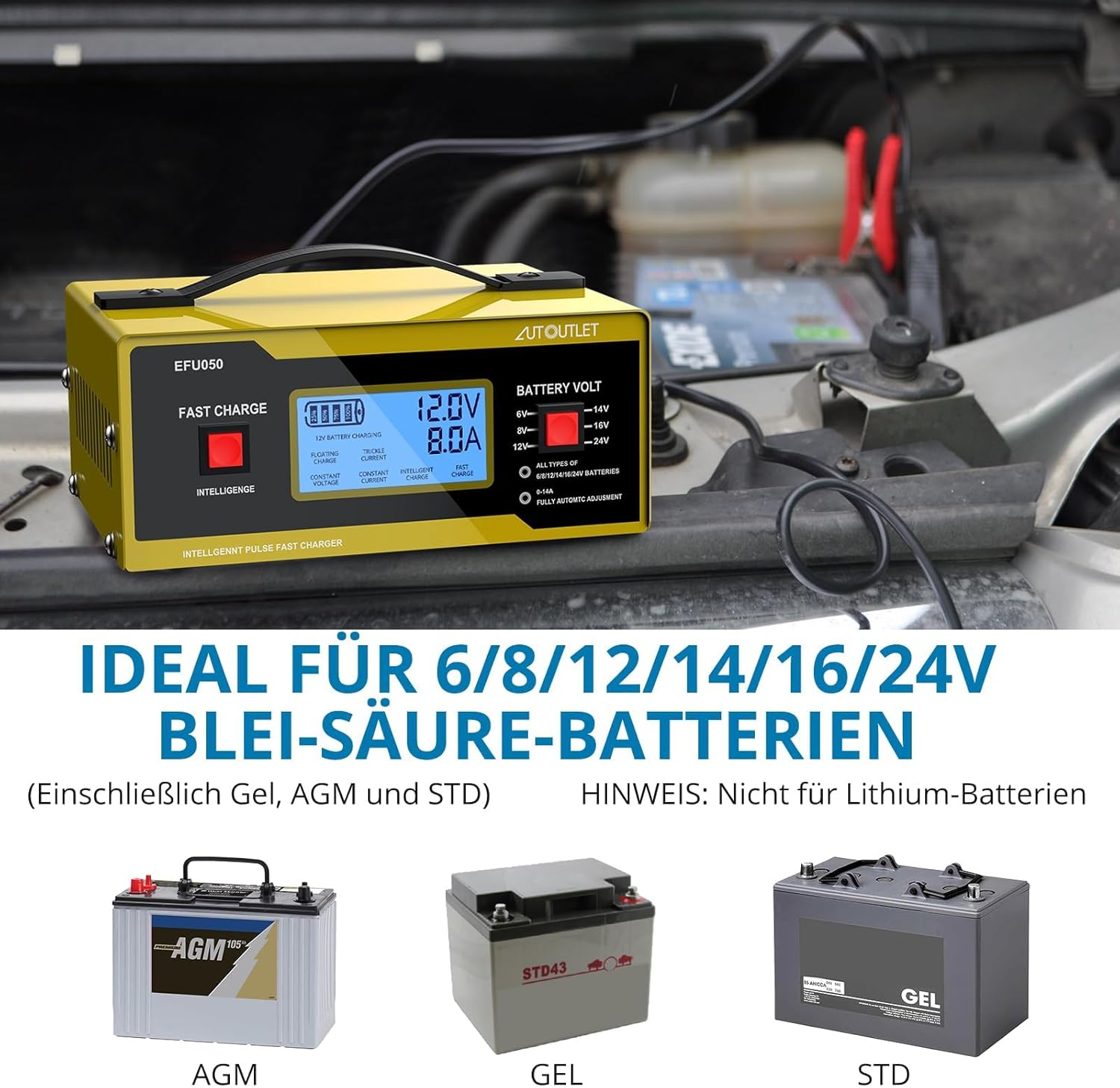 AUTOUTLET Upgraded 6/8/12/14/16/24V Battery Charger Automotive Smart Car Battery Charger and Trickle Maintainer 0-14A Fully Automatic with Cable Clamps